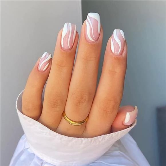24 Pcs Press on Nails Short, Luvehandicraft Glossy Fake Nails Coffin False Nails